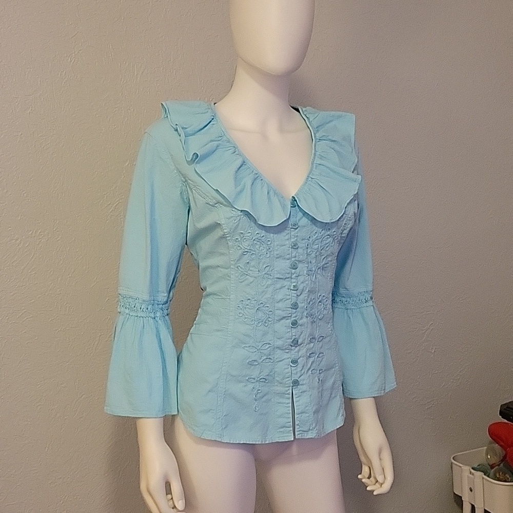 G DESIGNS Icy Blue Floral Embroidered Ruffle Bell Sleeve Button Down Shirt - Picture 2 of 10